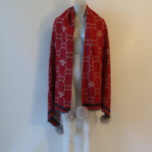 NWT Womens Tina Demel Tan Red Bees Kissing C Genuine Fox Fur Scarf OS *